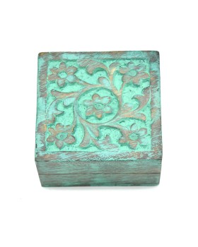 Floral Square Green  Wood Box
